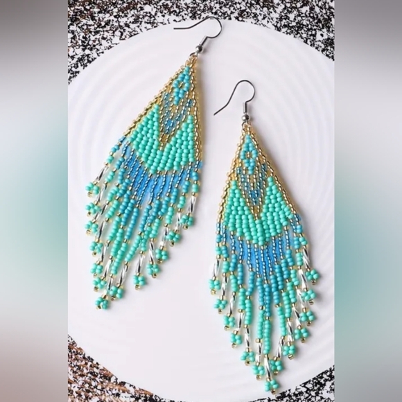 HandcraftedElegant Boho Western Green & Blue Beaded Fringe Earrings Preppy(#093) - Picture 2 of 5